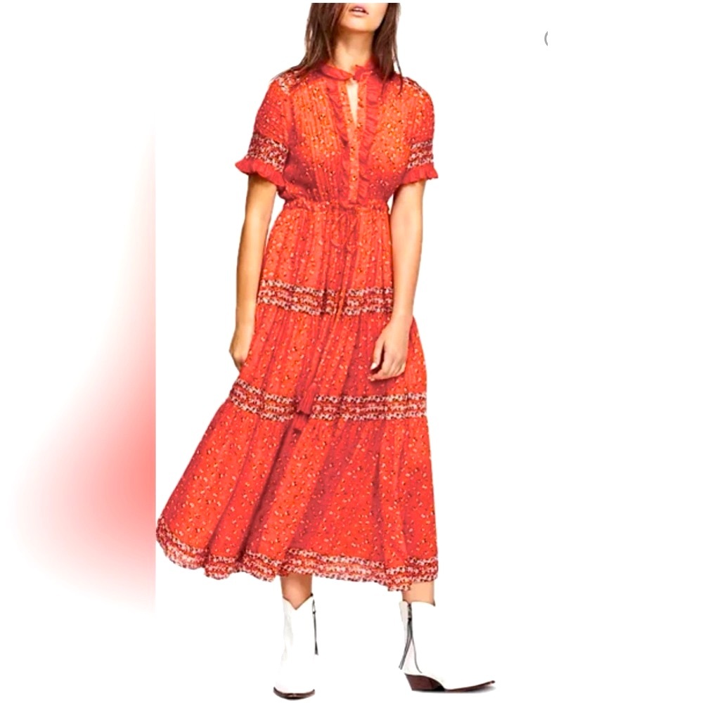 Free People Rare Feeling Tiered Boho Midi Dress w Tassel Waist Tie.